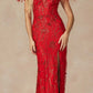 Vestido largo de lentejuelas Juliet 2402 Glitter Leaf con mangas de plumas y abertura