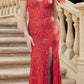 Vestido largo de lentejuelas Juliet 2402 Glitter Leaf con mangas de plumas y abertura