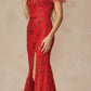Vestido largo de lentejuelas Juliet 2402 Glitter Leaf con mangas de plumas y abertura