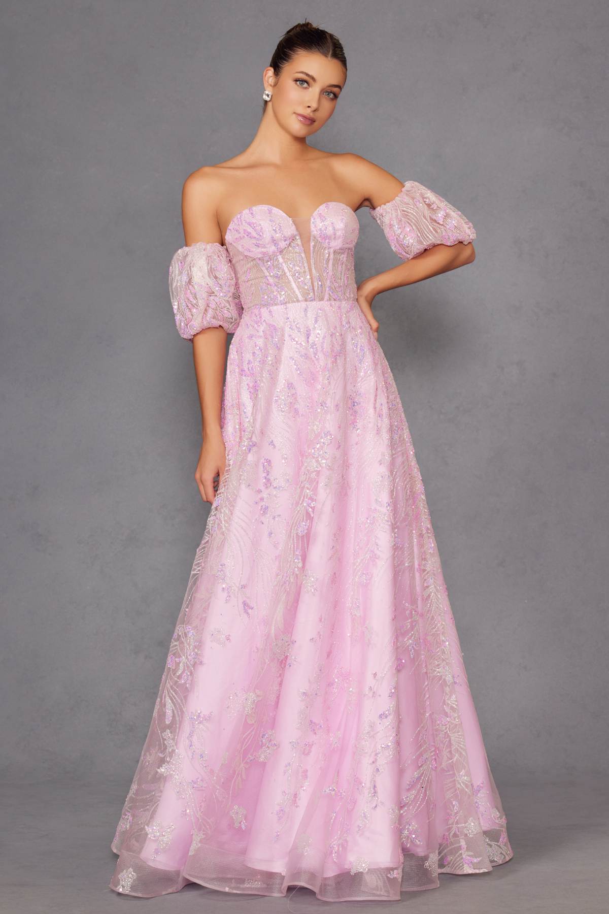 Juliet 2404 Vestido de gala de tul con lentejuelas sin tirantes y mangas abullonadas desmontables