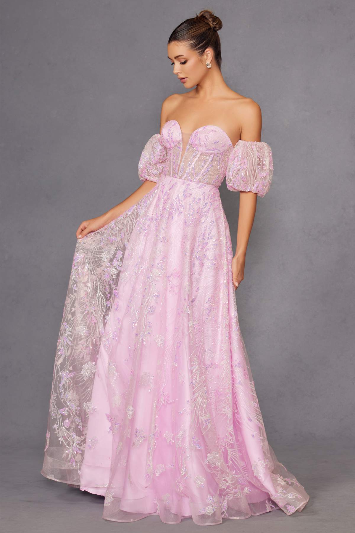 Juliet 2404 Vestido de gala de tul con lentejuelas sin tirantes y mangas abullonadas desmontables