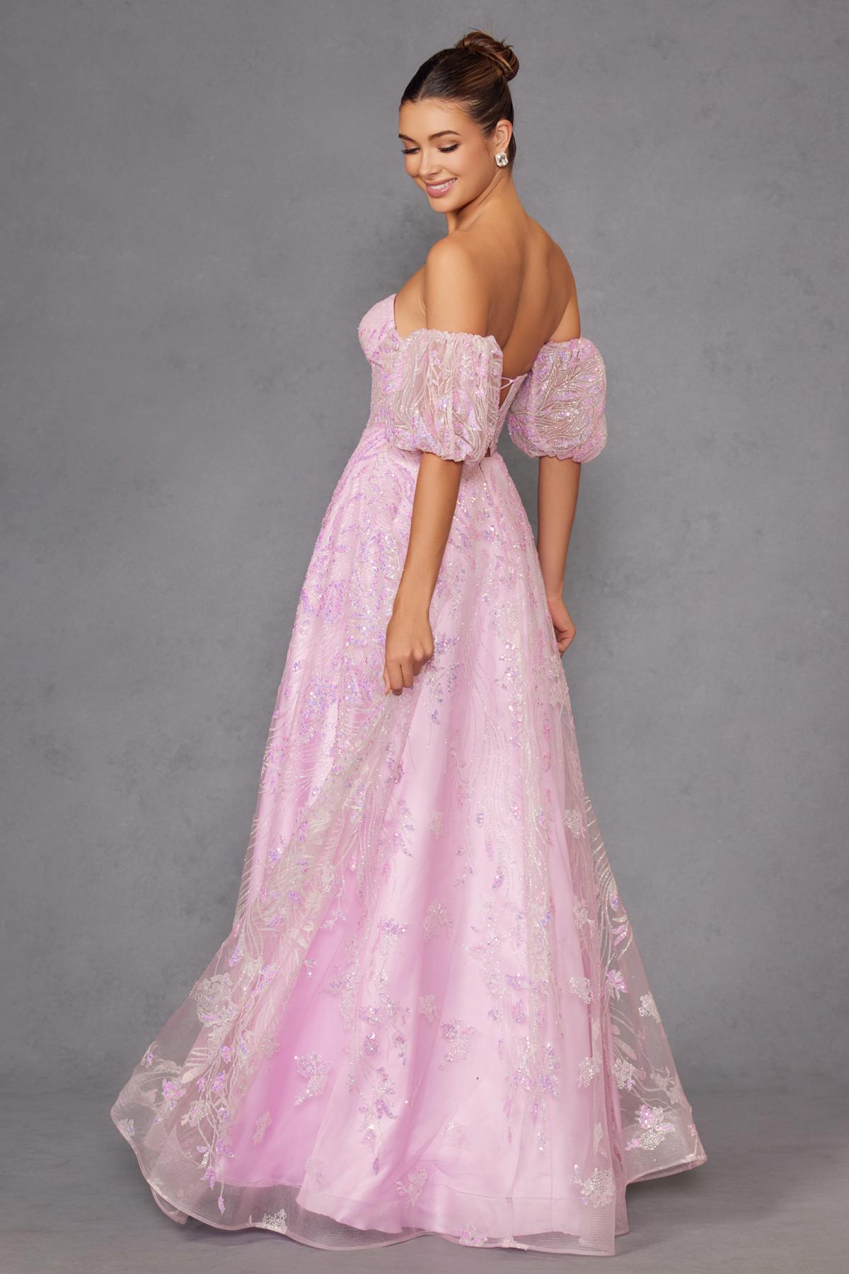 Juliet 2404 Vestido de gala de tul con lentejuelas sin tirantes y mangas abullonadas desmontables
