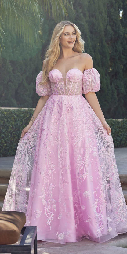 Juliet 2404 Vestido de gala de tul con lentejuelas sin tirantes y mangas abullonadas desmontables