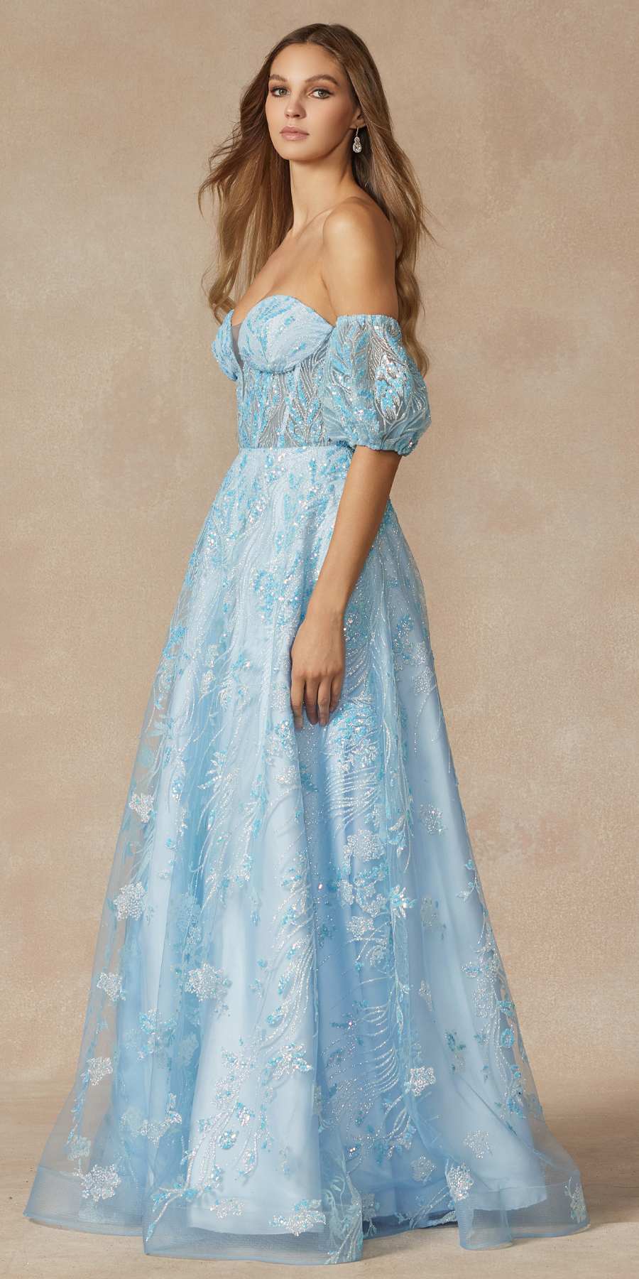 Juliet 2404 Vestido de gala de tul con lentejuelas sin tirantes y mangas abullonadas desmontables