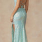 Juliet 2405 Machine Sequin Lace Embellishments High Slit Prom Gown