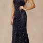 Juliet 2406 Velvet Sequin Fitted Gown V-Neckline Lace Up Back