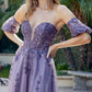 Juliet 2409 Vestido de Noche en Línea A con Bordado de Hojas y Mangas Desmontables