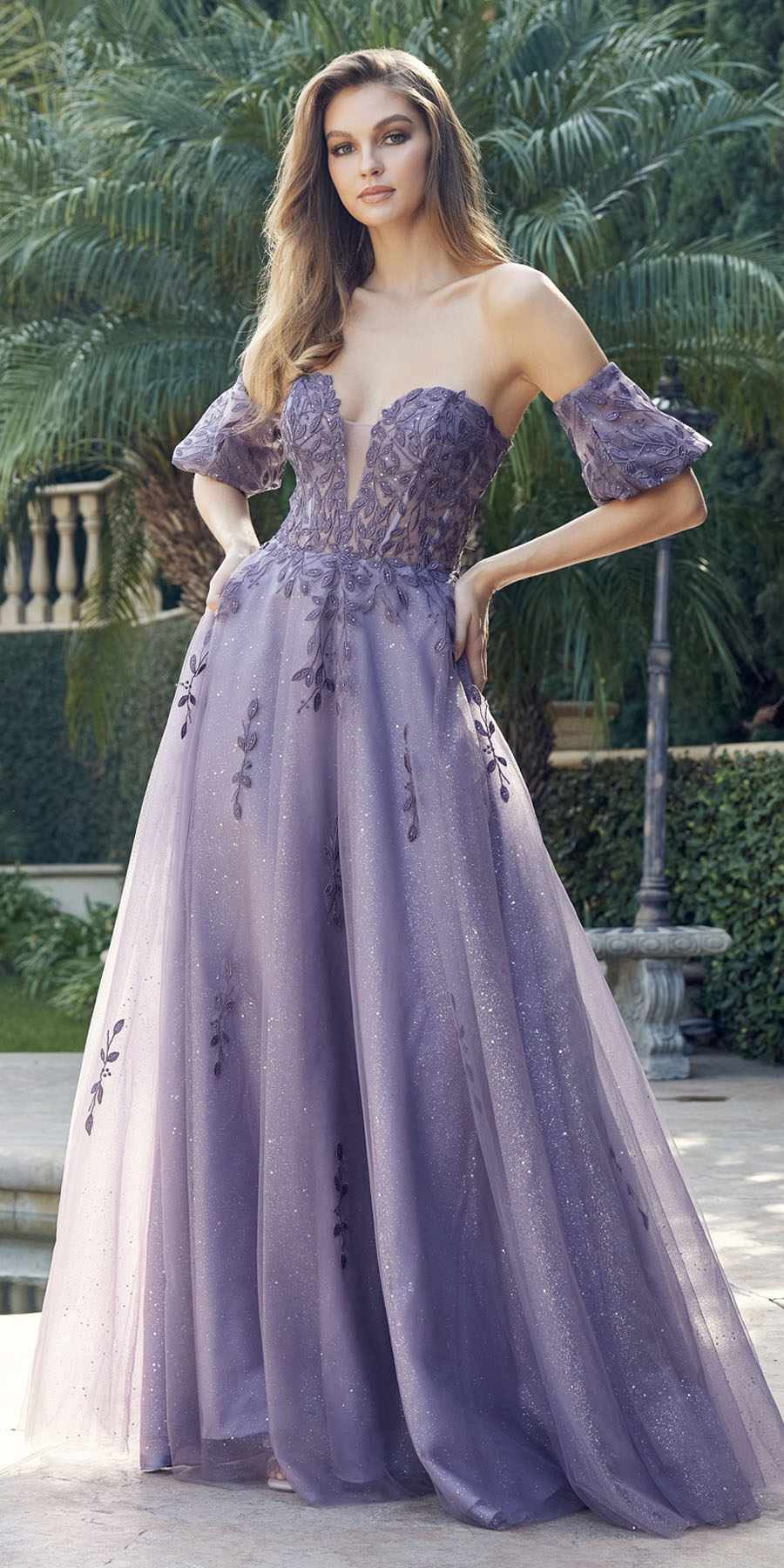 Juliet 2409 Vestido de Noche en Línea A con Bordado de Hojas y Mangas Desmontables