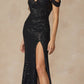 Juliet 2410 Long Off the Shoulder Sequin Gown with Skirt Slit