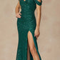 Juliet 2410 Long Off the Shoulder Sequin Gown with Skirt Slit