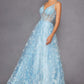 Juliet 2413 Long Butterfly Glitter Embroidered A-Line Gown with Corset Top