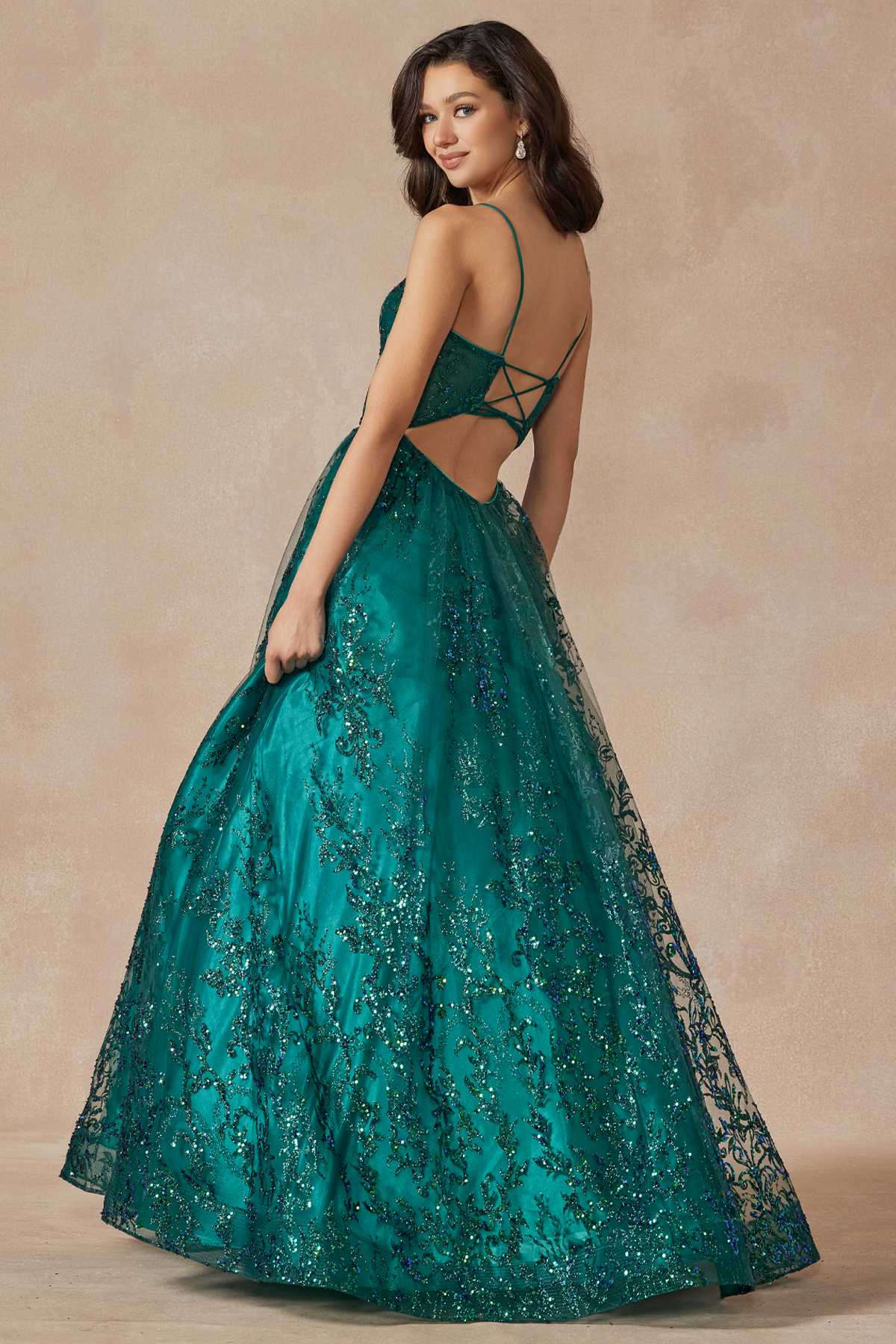 Juliet 2414 Vestido de gala largo hasta el suelo, corte A, de tul con encaje de glitter