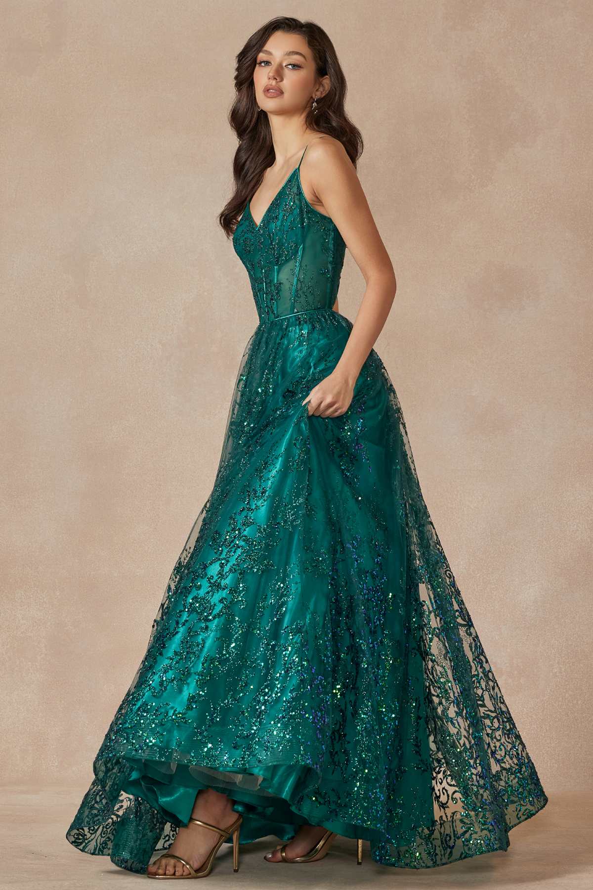 Juliet 2414 Vestido de gala largo hasta el suelo, corte A, de tul con encaje de glitter
