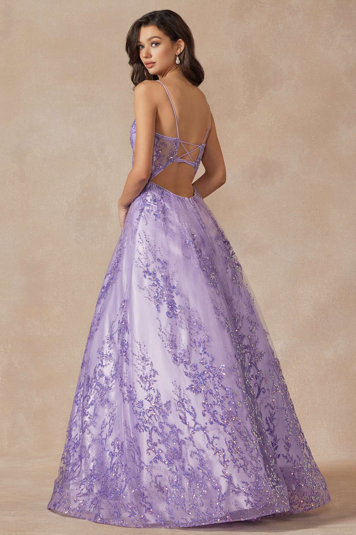 Juliet 2414 Vestido de gala largo hasta el suelo, corte A, de tul con encaje de glitter