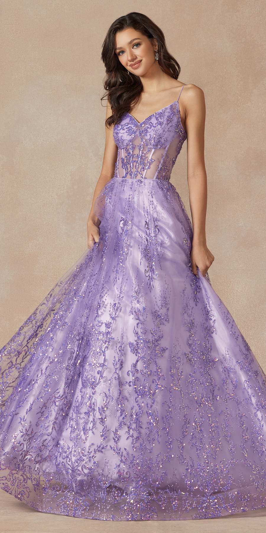 Juliet 2414 Vestido de gala largo hasta el suelo, corte A, de tul con encaje de glitter