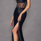 Vestido de satén largo hasta el suelo sin tirantes con corpiño deshuesado transparente y abertura, Juliet 2416