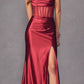 Vestido de satén largo hasta el suelo sin tirantes con corpiño deshuesado transparente y abertura, Juliet 2416