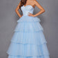 Juliet JT2452K Long Pleated Strapless Tiered Ruffle Tulle A-Line Gown