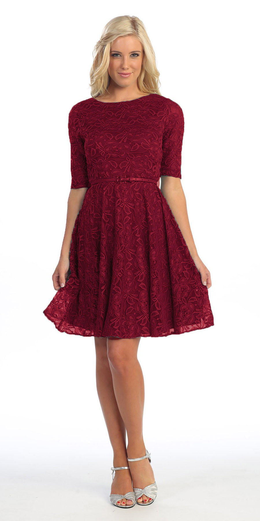LIQUIDACIÓN - Vestido corto de encaje burdeos con mangas tres cuartos Celavie 2367 (Talla S)