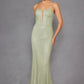 Juliet JT2470S Vestido largo formal de cuello V, con corsé deshuesado y falda ajustada de malla de red