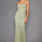Juliet JT2470S Vestido largo formal de cuello V, con corsé deshuesado y falda ajustada de malla de red