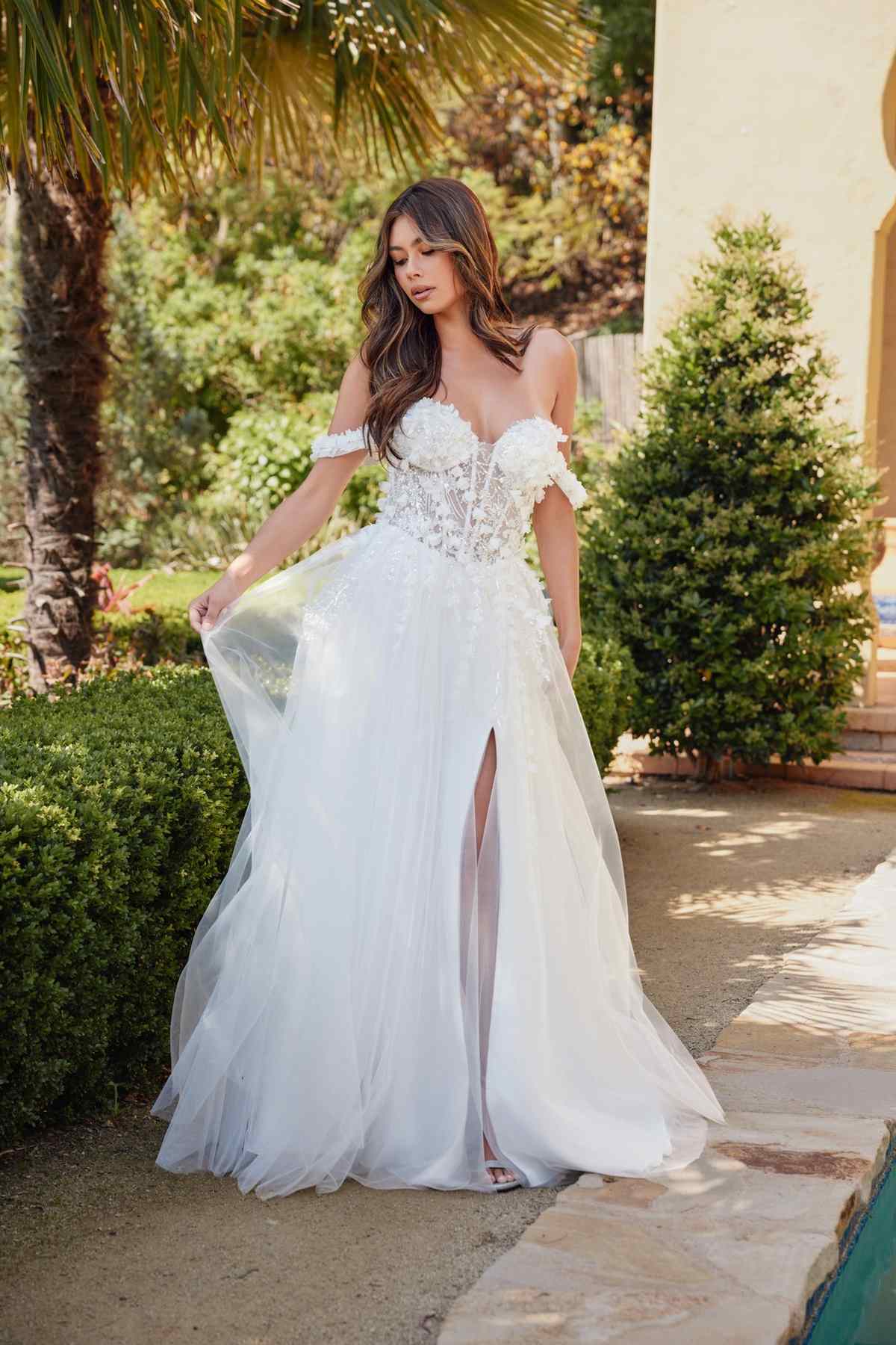 Vestido de fiesta Juliet JT2483KW sin hombros con diseño floral 3D