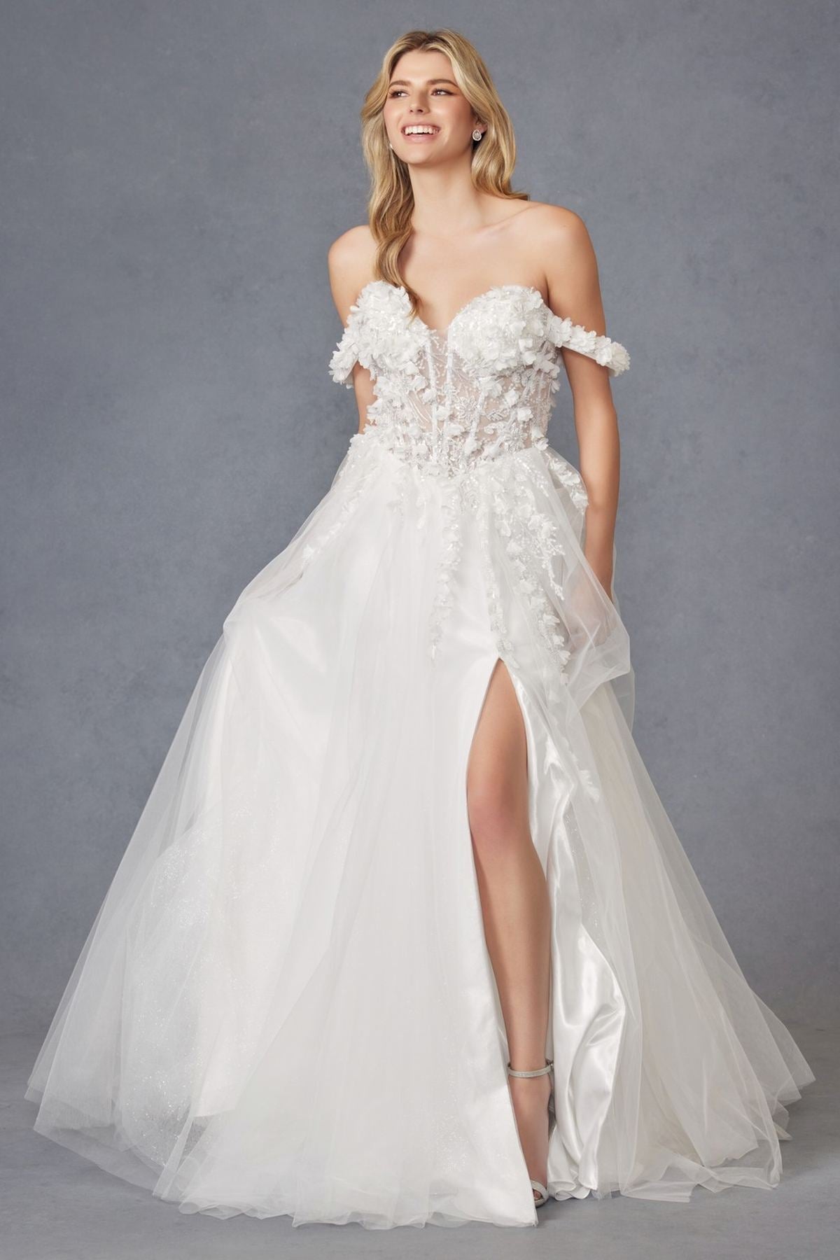 Vestido de fiesta Juliet JT2483KW sin hombros con diseño floral 3D
