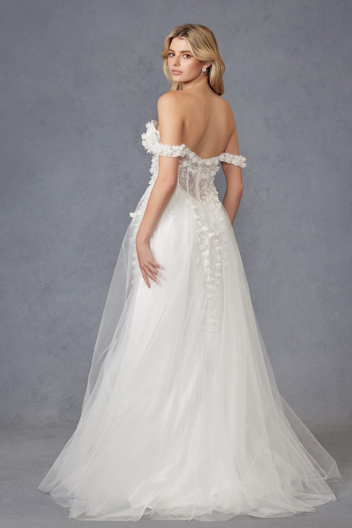 Vestido de fiesta Juliet JT2483KW sin hombros con diseño floral 3D