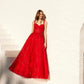 Juliet JT2495A Long A-Line Floral Lace Evening Gown