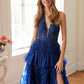 Juliet JT2556S Vestido de gala acampanado de tul con cuello halter, escote en V y abertura