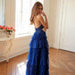Juliet JT2556S Vestido de gala acampanado de tul con cuello halter, escote en V y abertura