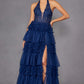 Juliet JT2556S Vestido de gala acampanado de tul con cuello halter, escote en V y abertura