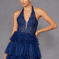 Juliet JT2556S Vestido de gala acampanado de tul con cuello halter, escote en V y abertura