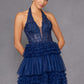 Juliet JT2556S Vestido de gala acampanado de tul con cuello halter, escote en V y abertura
