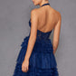 Juliet JT2556S Vestido de gala acampanado de tul con cuello halter, escote en V y abertura