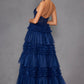 Juliet JT2556S Vestido de gala acampanado de tul con cuello halter, escote en V y abertura