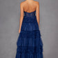 Juliet JT2556S Vestido de gala acampanado de tul con cuello halter, escote en V y abertura