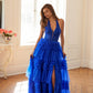 Juliet JT2556S Vestido de gala acampanado de tul con cuello halter, escote en V y abertura