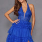 Juliet JT2556S Vestido de gala acampanado de tul con cuello halter, escote en V y abertura