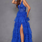 Juliet JT2556S Vestido de gala acampanado de tul con cuello halter, escote en V y abertura