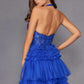 Juliet JT2556S Vestido de gala acampanado de tul con cuello halter, escote en V y abertura