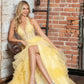 Juliet JT2556S Vestido de gala acampanado de tul con cuello halter, escote en V y abertura