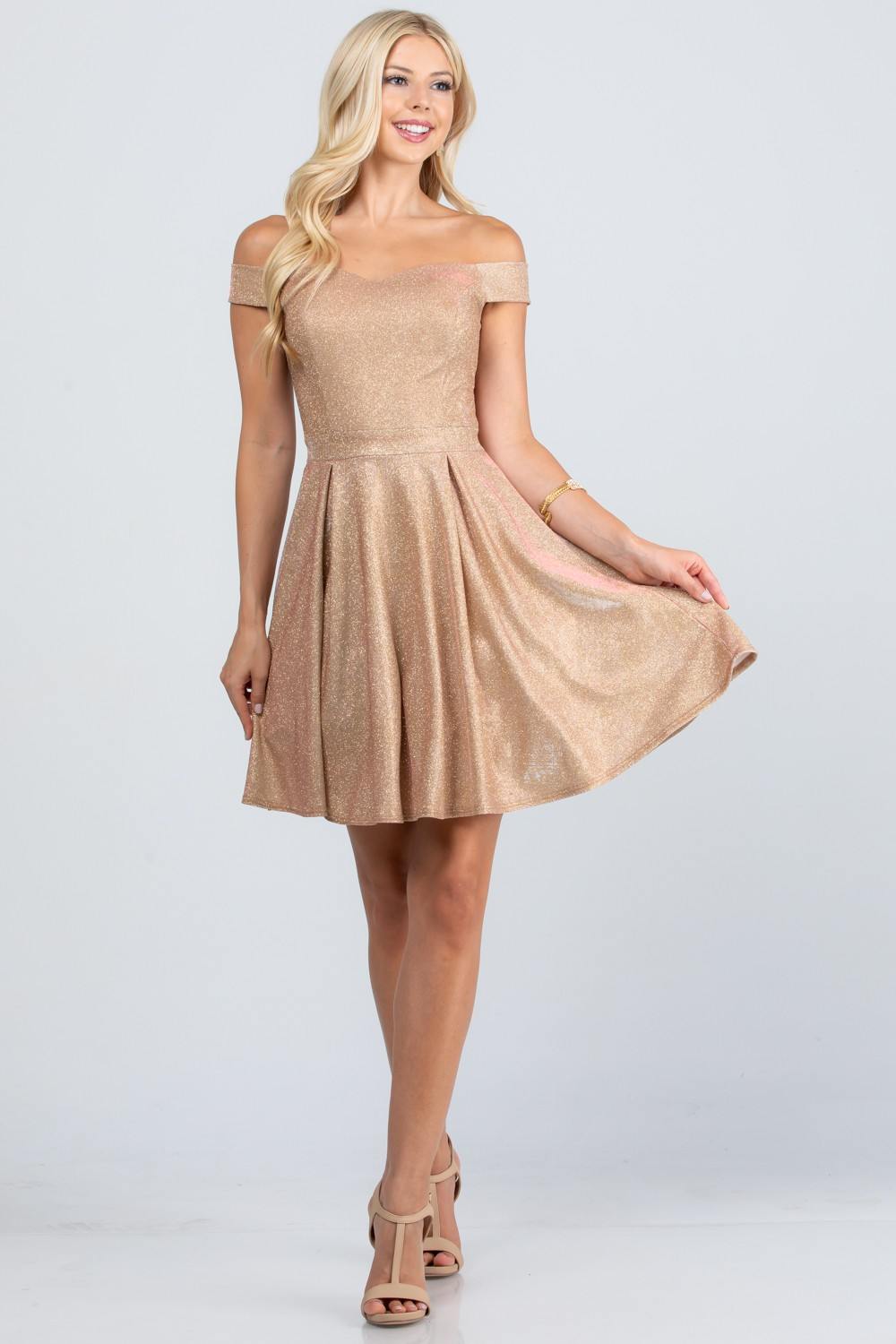 LIQUIDACIÓN - Vestido Skater Corto con Hombros Descubiertos La Scala 25759 Jacquard Brillante (Talla S)