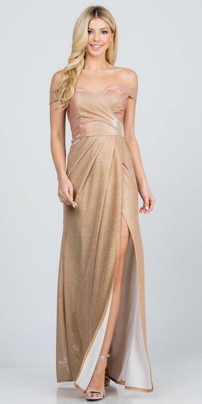 REBAJAS - Vestido largo fruncido de jacquard brillante con hombros descubiertos La Scala 25854 (Talla L)