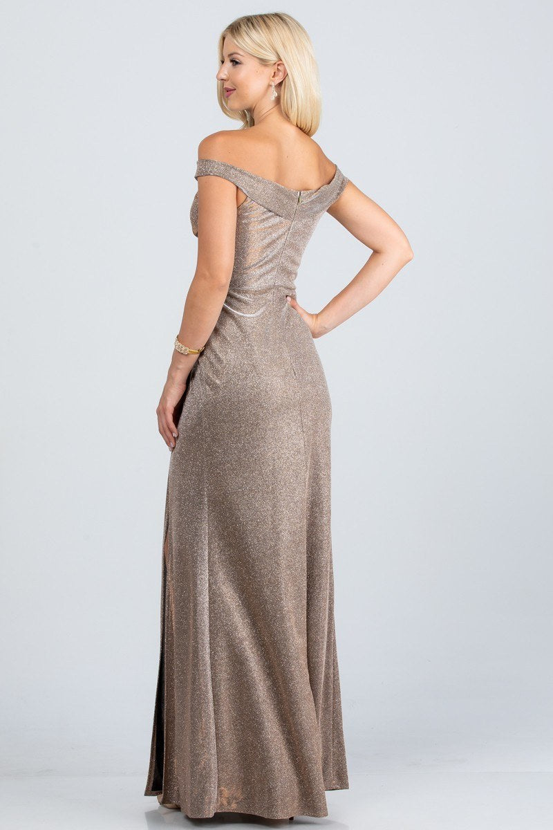REBAJAS - Vestido largo fruncido de jacquard brillante con hombros descubiertos La Scala 25854 (Talla L)