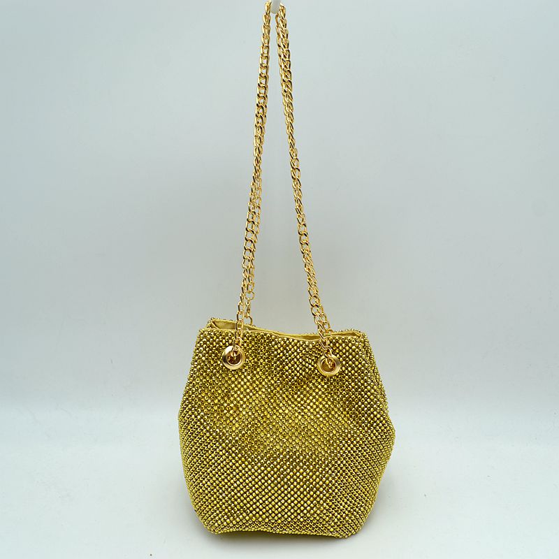 Textured Bucket Bag with Metallic Chain Straps