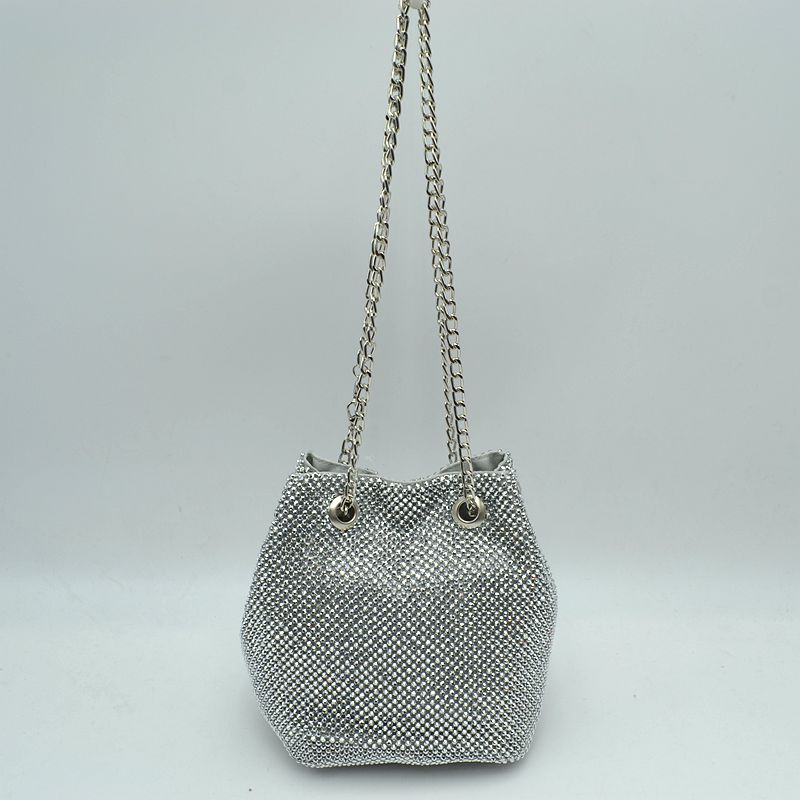 Textured Bucket Bag with Metallic Chain Straps