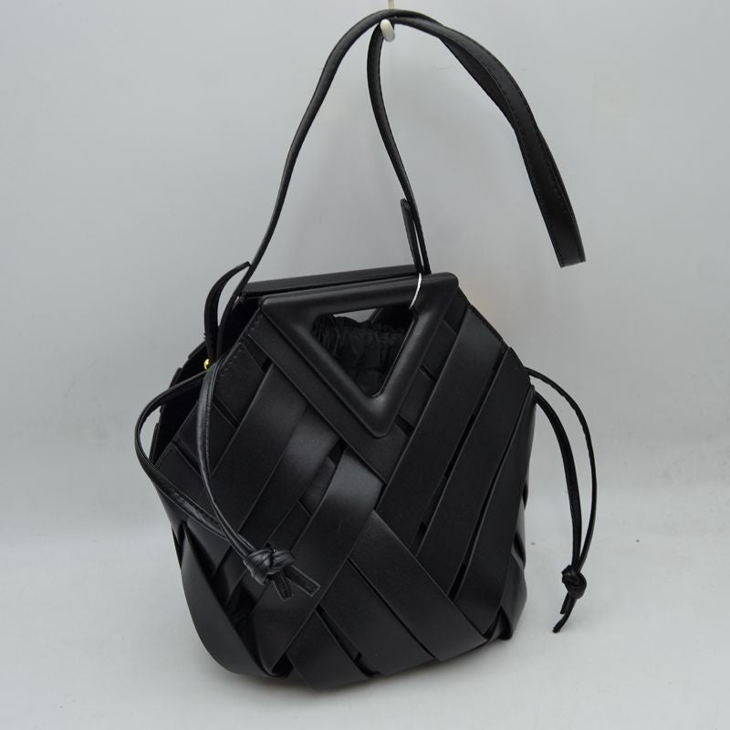 Geometric Wide Weave Bucket Bag with Triangular Top Handle
