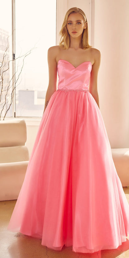 Juliet 265 Vestido de Gala Acampanado sin Tirantes con Cinturón de Cuentas
