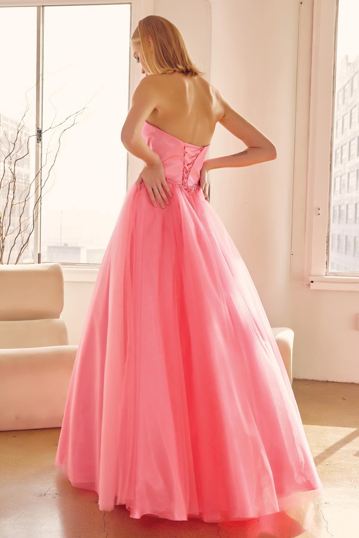 Juliet 265 Vestido de Gala Acampanado sin Tirantes con Cinturón de Cuentas
